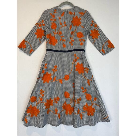 eShakti Swing Dress Bow Front Floral Houndstooth Cottagecore Size S/6 - Picture 3 of 5